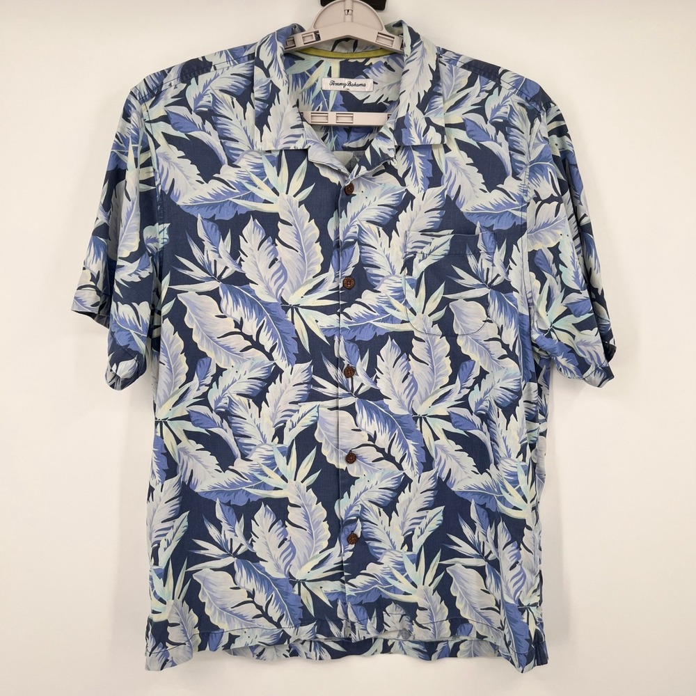 Tommy Bahama Mens Blue Silk Coolmax Tropical Palm Leaf Camp Shirt Large L